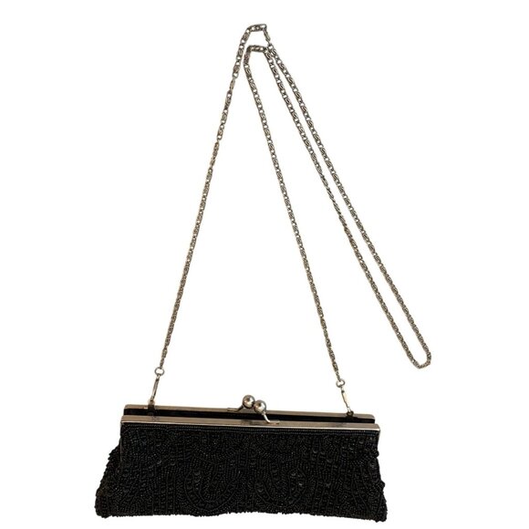 Vintage Black Beaded Clutch Purse With Chain Strap & Silver-Tone Frame - Picture 1 of 8
